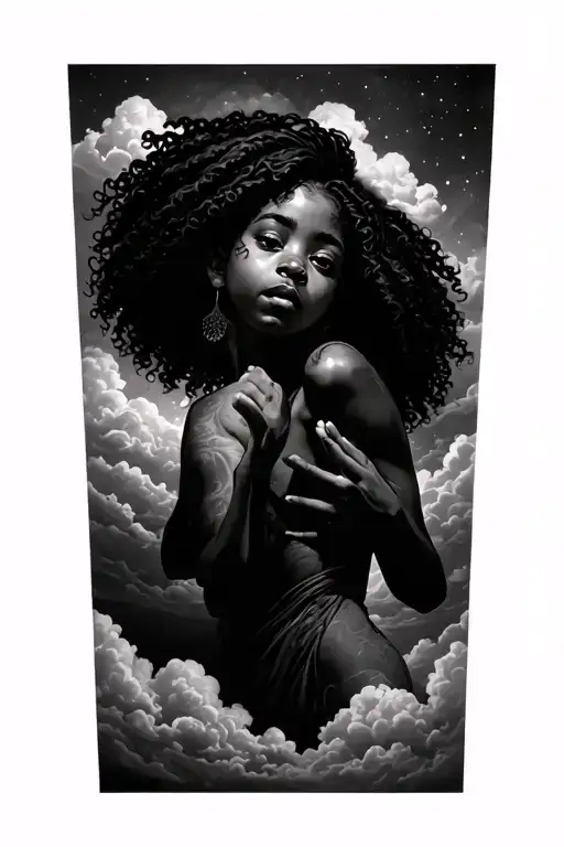 African American Girl Preying In The Clouds Floating