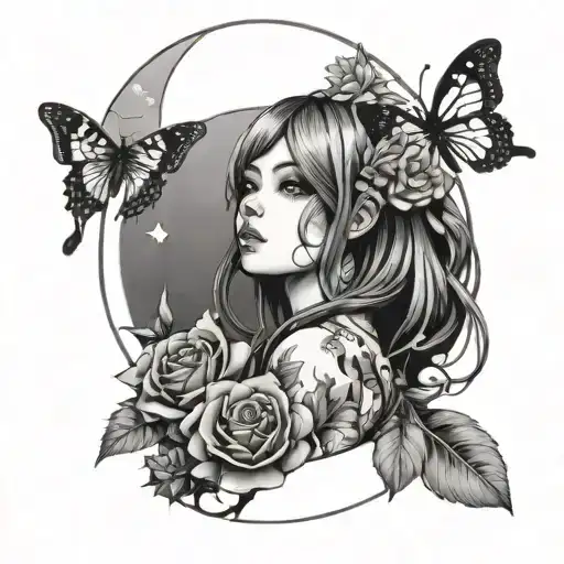 Anime Girl With Flowes Butterfly Moon