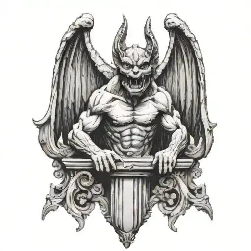 Gargoyle Facing Front With Bat Wings Spread Sitting On Top Of Column