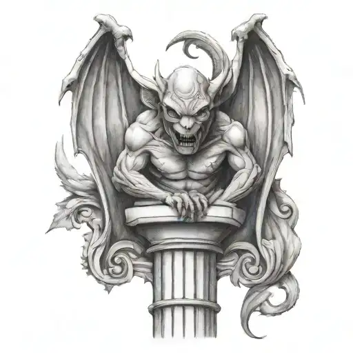Gargoyle Facing Front With Bat Wings Spread Sitting On Top Of Column