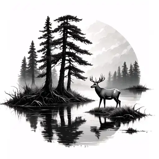 Realistic Cypress Tree Swamp With Deer Standing
