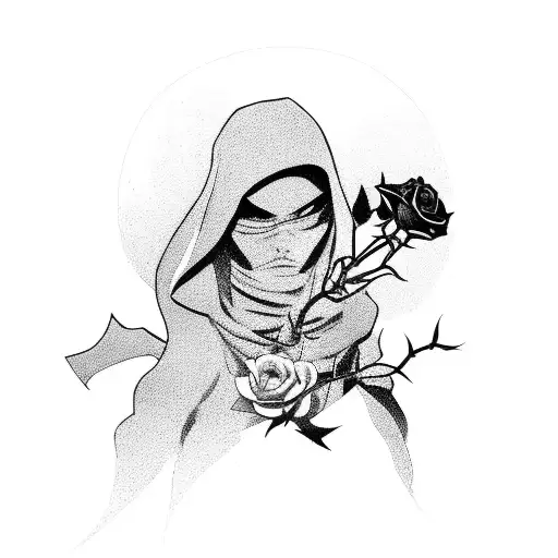 A Sleek Assassin Silhouette Holding A Gun With Roses And Thorns Intertwined In The Background