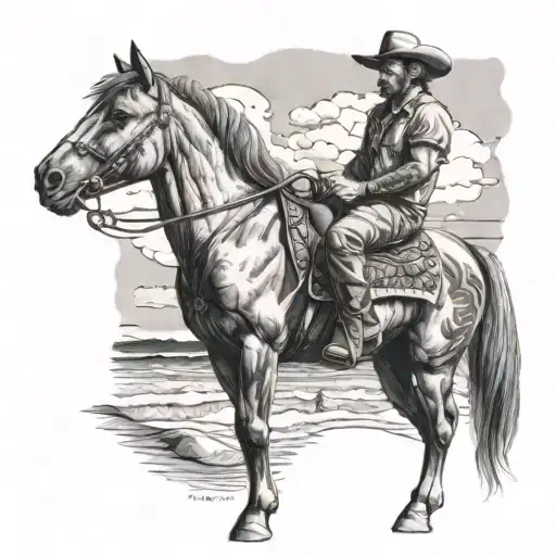 Beach Scene With Man Sitting On Bronco Horse Looking Towards Heavan