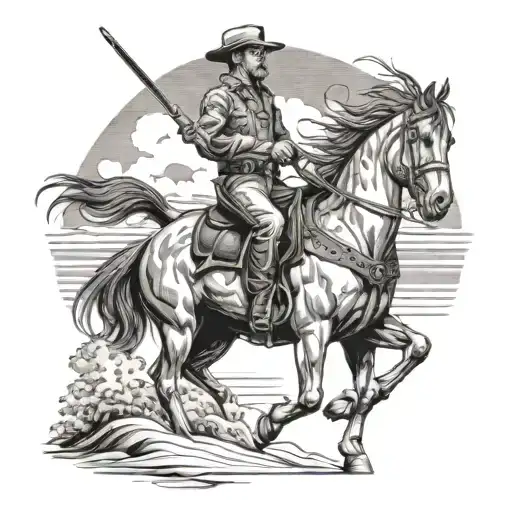 Beach Scene With Man Sitting On Bronco Horse Looking Towards Heavan