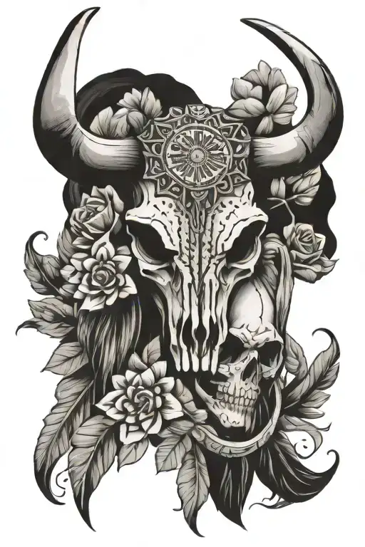 Longhorn Skull And Native American With Flowers