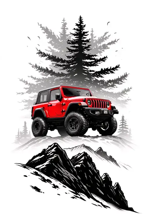 Red Jeep Without Roof Top Standing Front Of The Offroad Drive On Mountain