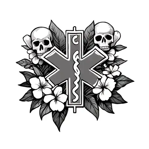 Ems Star Of Life Surrounded By Hawaiian Flowers And Leaves With Small Skulls