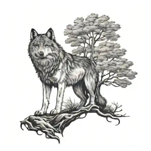 Half Tree And Half Wolf Tattoo