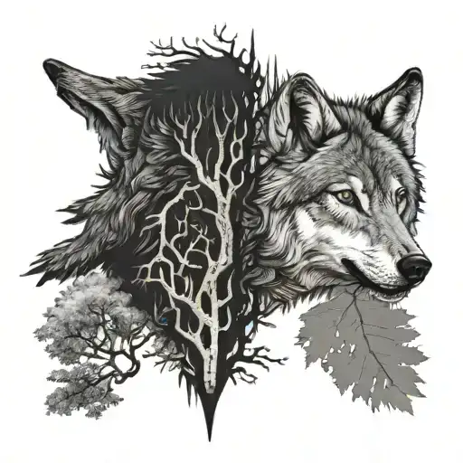 Half Tree And Half Wolf Head Tattoo