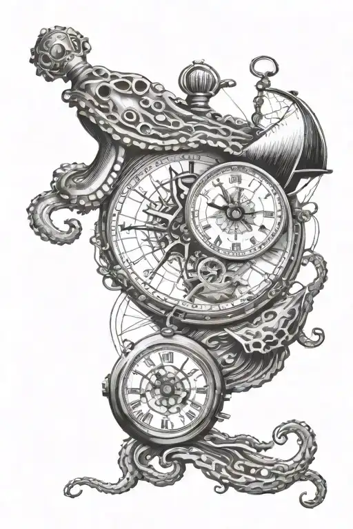 Map Grid Lines Compas Pocket Watch Sea Octopus Wrapped Boat