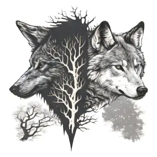 Half Tree And Half Wolf Head Tattoo