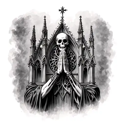 Gothic Cathedral With Skeleton Praying For Sleeve Piece On Arms