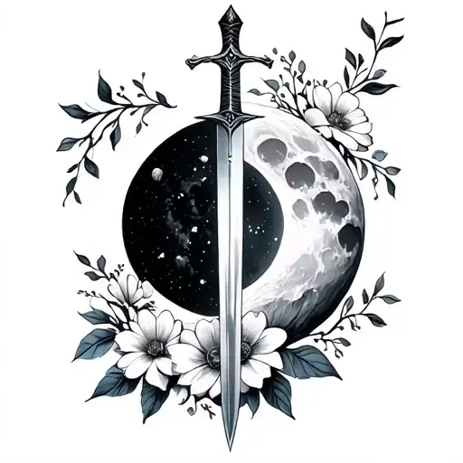 Moon Phase With Sword Going Down The Middle With Flowers