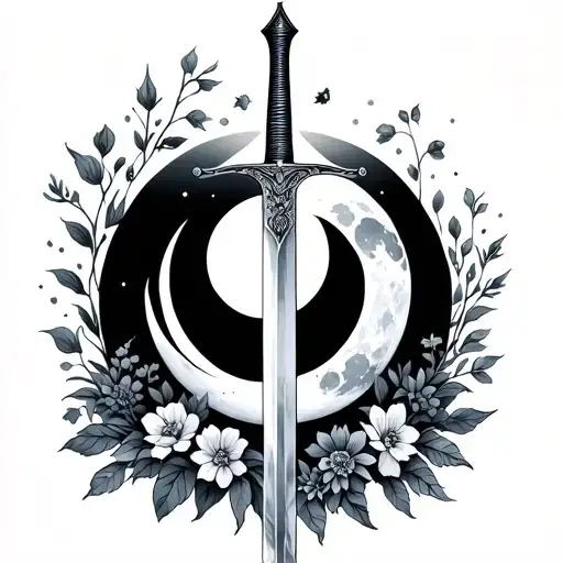 All The Moon Phase With Sword Going Down The Middle With Flowers