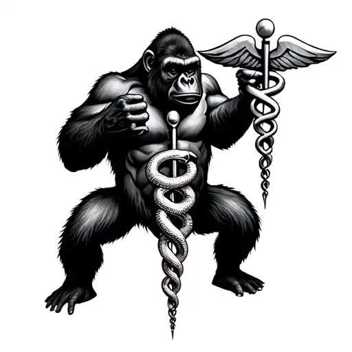 Angree Gorilla With Ptsd Holding A Caduceus With Snake Heads Visible