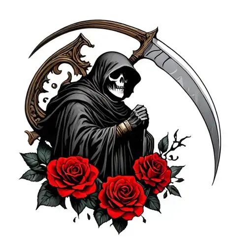 Grim Reaper Holding A Scythe With Red Roses Under The Design