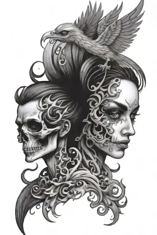 Skull And Phoenix And Woman Face