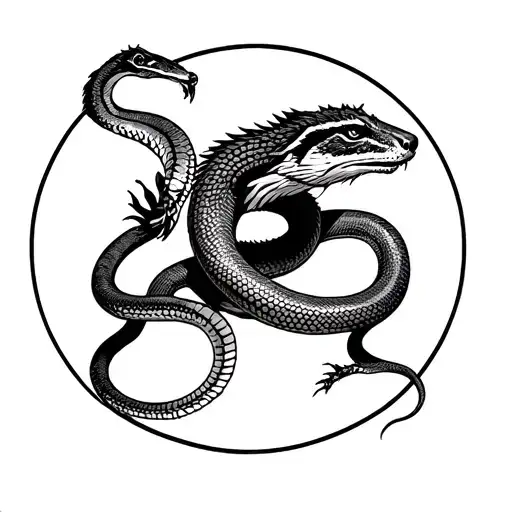 Mongoose Fight Cobra Snake In Circle Tatto Background A Sakura