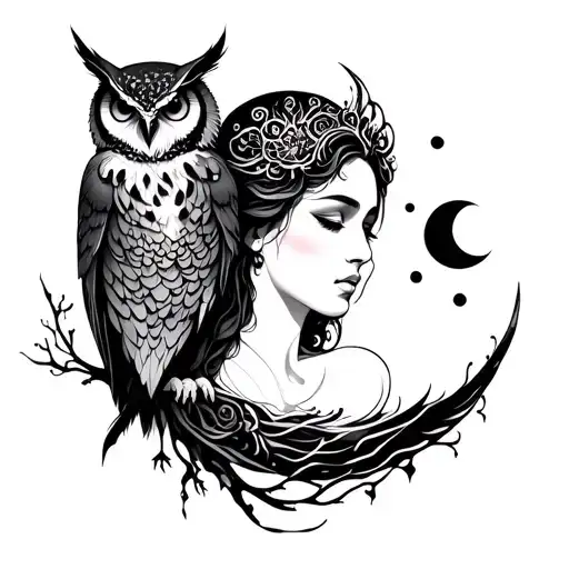 Nyx Goddess With Moon Phases And Owl