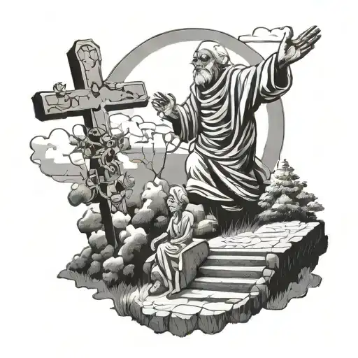 Man Standing Over A Grave And Grandma In The Sky Waving From Heaven