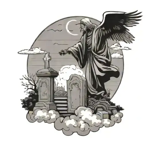 Man Standing Over A Grave And Grandma In The Sky Waving From Heaven