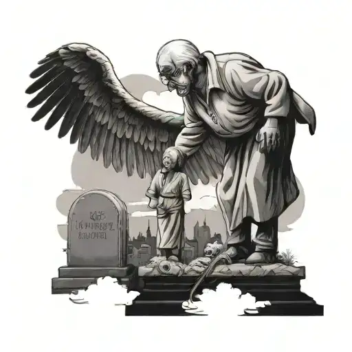 Man Standing Over A Grave And Grandma In The Sky Waving From Heaven