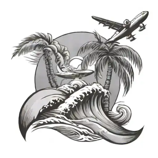 Palm Tree With Waves And Airplane
