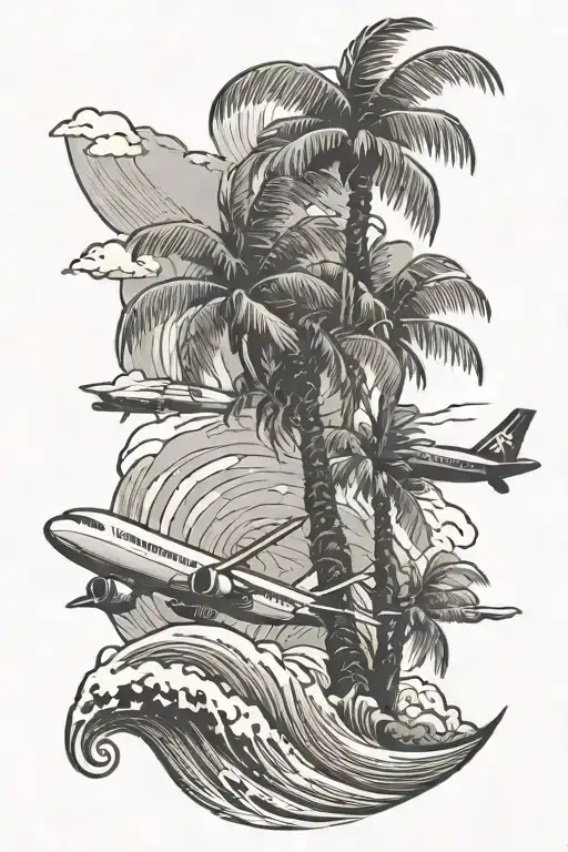 Palm Tree With Waves And Airplane