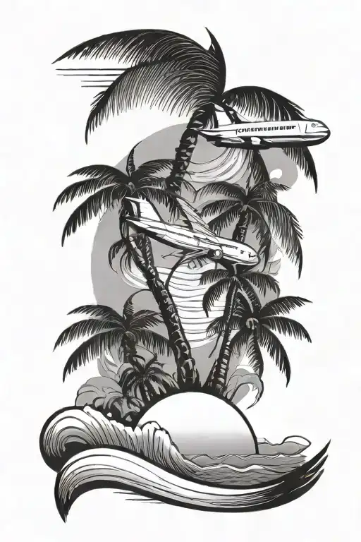 Palm With Waves And Airplane Minimal