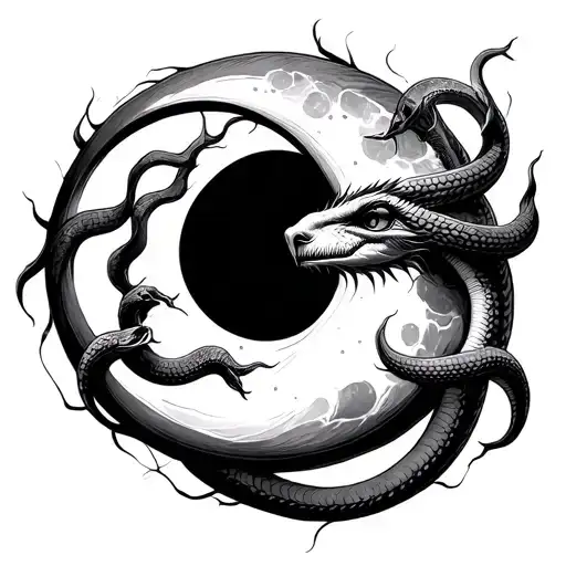 Waning Crescent Moon With Serpant Wrapping Around It Sheding Its Skin