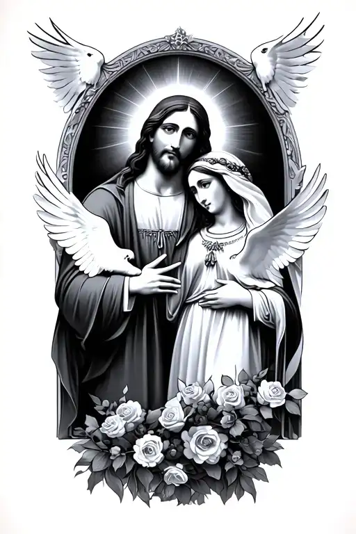 Jesus Christ And Virgen Mary 2 Doves Heaven Gates