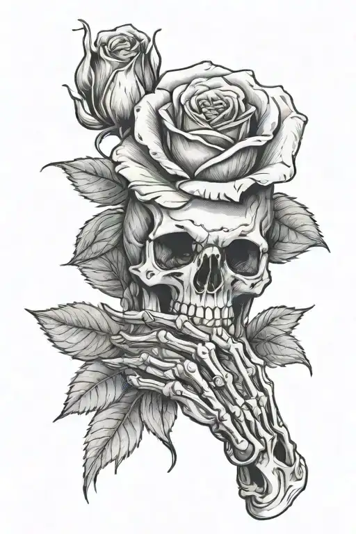 Skeleton Hand Holding A Rose Intertwined