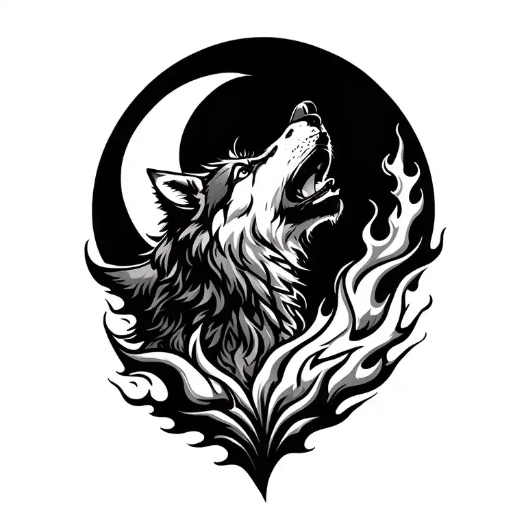 A Wolf Made Of Fire Howling To The Moon Tattoo