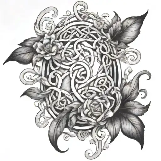 Celtic Knot Surrounded By Swirling Vines And Flowers Feathers