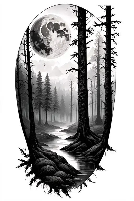 Foggy Forest Moon Sleeve Tattoo Design Featuring