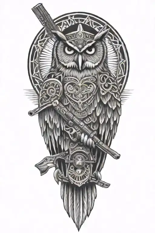 Cherokee Indian Wizard Owl With Rifle In Background