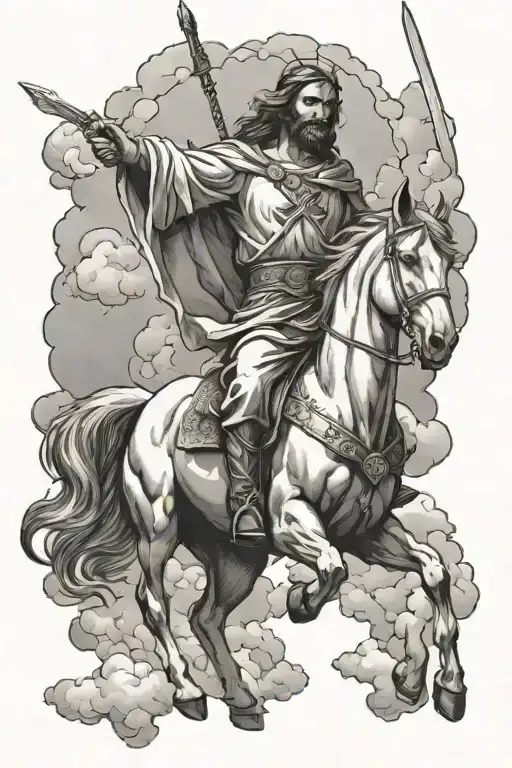 Jesus On A White Horse Coming Down From The Clouds With Angels In The Sky Holding Swords