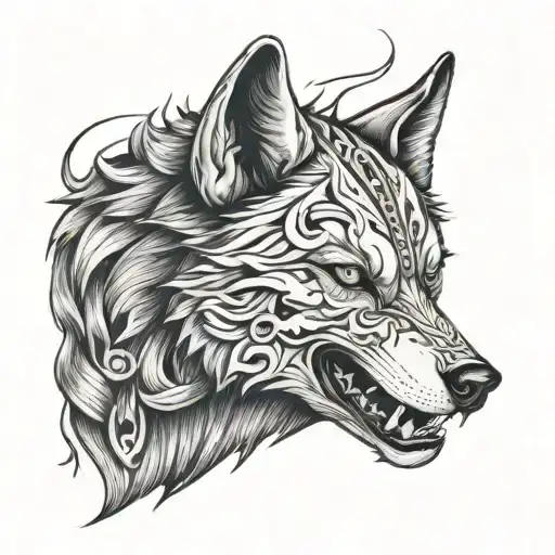 Wolf Face Half Skull Tattoo