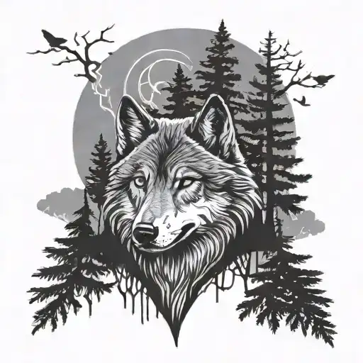 Wolf And Trees Tattoo