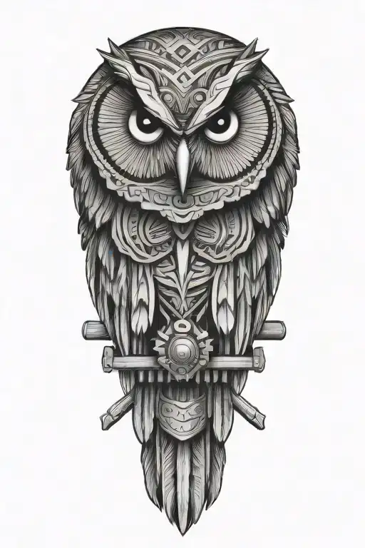 Owl With Native American Clothing And Rifles In Background