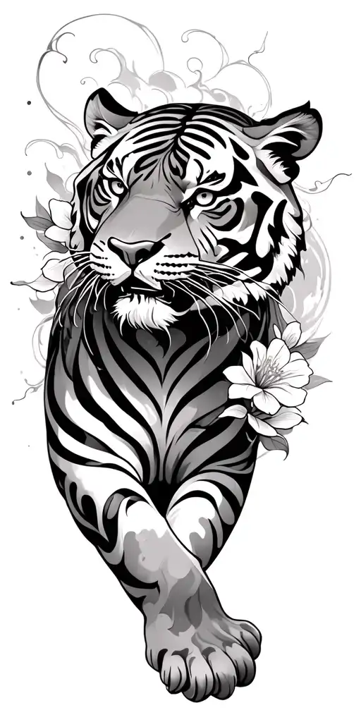 Crouching Tiger With Splash Waves And Bougainvilla Irezumi Style Full Sleeve