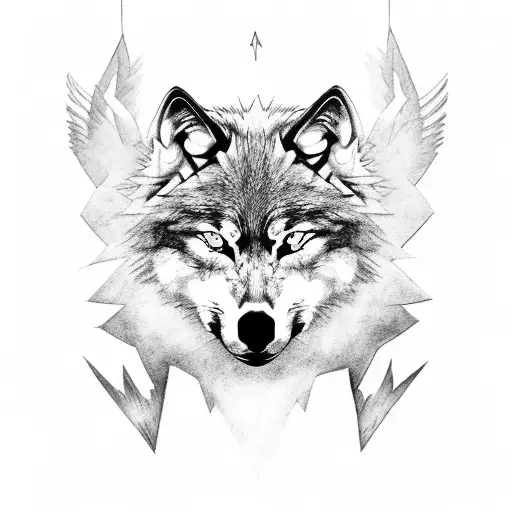 Wolf Head And Face Of Odin Surrounded By Lightning And A Raven In The Background