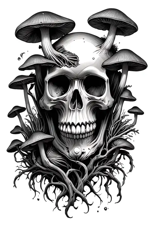 Trippy Skull With Mushrooms Growing