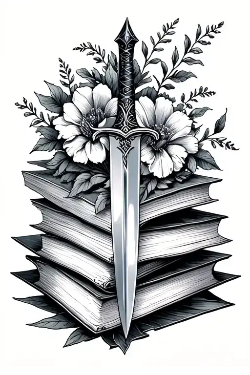 Dagger Stabbing Through Fantasy Books Surrounded By Florals Goth