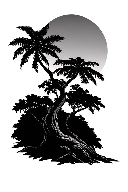 Black Forest Tree With Palm Tree With Philippines Sun Konzept Art