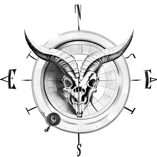 Ram Skull With Compass And Trees