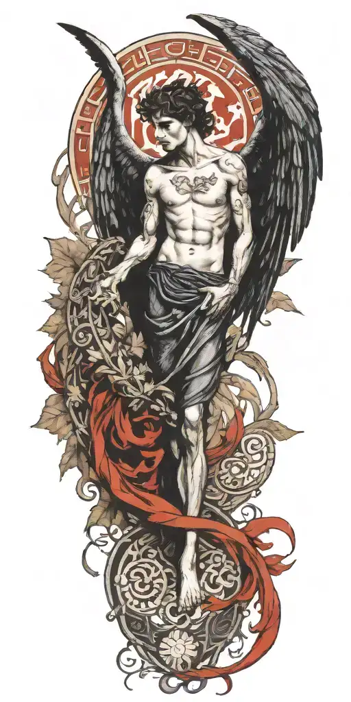 Skinny Lucifer Franz Von Stuck With Wings Surrounded By Blue Celtic Leaves