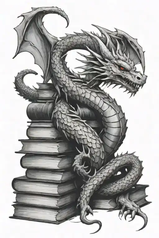 Stunning Gothic Tattoo Design Of A Dragon Coiled Around Stack Of Books