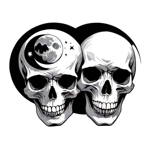 Two Skulls Facing Each Other One Has A Sun One Has A Moon