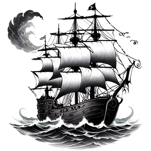 Cthulhu Wrapped Around Pirate Ship Sailing Through Stormy